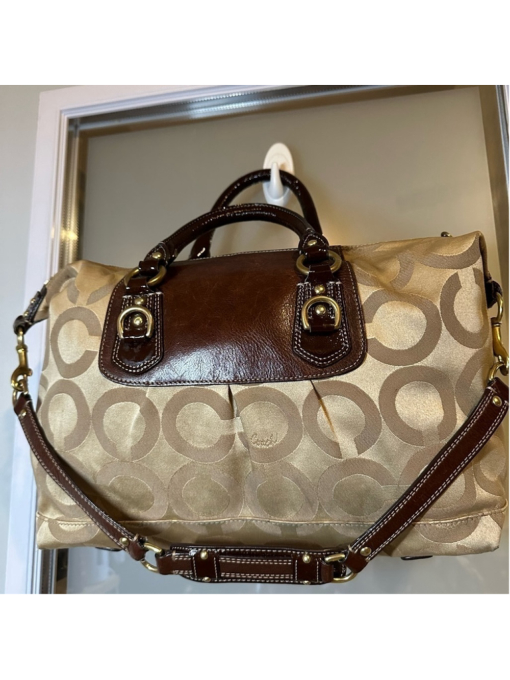 COACH Large Brown Leather and Tan Fabric Signature Canvas Satchel - Picture 2 of 10